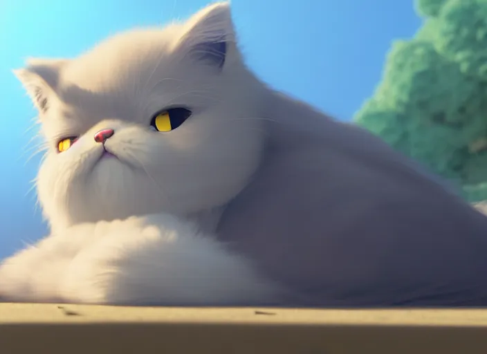 Prompt: a wholesome animation key shot of a persian cat sleeping, long fur, close up, studio ghibli, pixar and disney animation, sharp, rendered in unreal engine 5, clear sky, anime key art by greg rutkowski, bloom, dramatic lighting