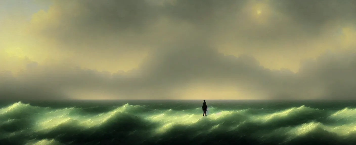 Image similar to a single lonely figure looks across the ocean in the style of ivan aivazovsky and mark ryden, ultra realistic digital painting, artstation, concept art, pop, smooth, sharp focus, illustration, dense detail