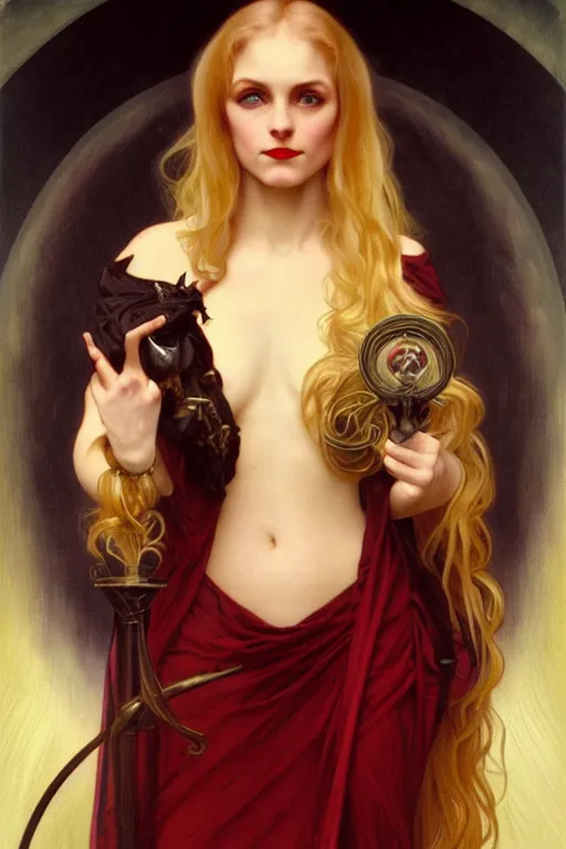 Image similar to female occultist, sweeping wild blonde hair, red eyes, portrait, high cheekbones, smug, evil, Victorian, black velvet dress, dark colors, ruby jewelry, fantasy painting, trending in Artstation, GSociety, by Alphonse Mucha, Brom, William-Adolphe Bouguereau