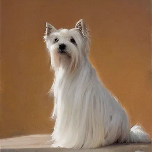 Image similar to white yorkshire terrier sitting on throne, portrait art by donato giancola and greg rutkowski, realistic face, digital art, trending on artstation, symmetry