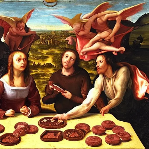 Image similar to satan eating Mr Kipling's french fancies, renaissance painting