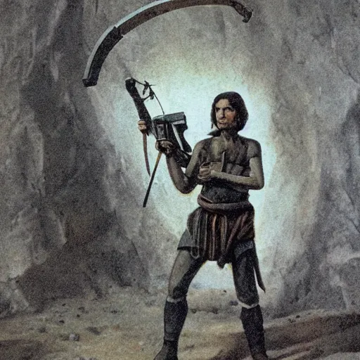 Prompt: photograph of a neolithic person holding a plasma rifle