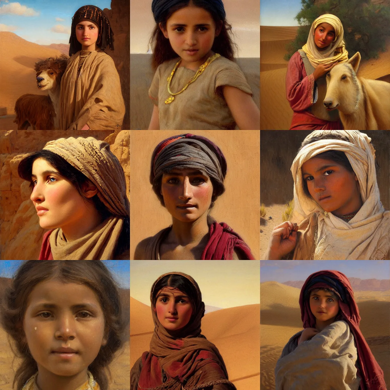 Prompt: orientalism wholesome herder girl in the desert face detail by edwin longsden long and theodore ralli and nasreddine dinet and adam styka, masterful intricate artwork. oil on canvas, excellent lighting, high detail 8 k