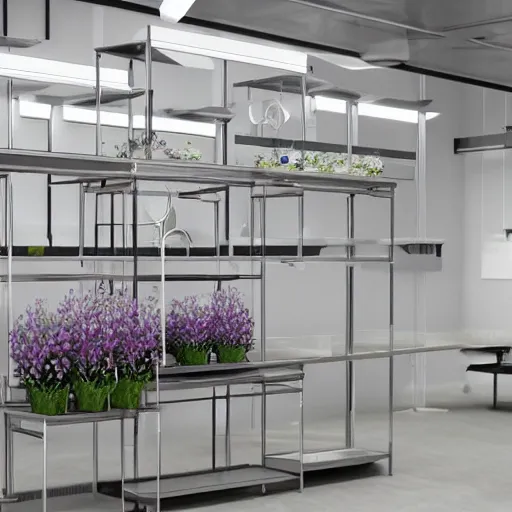 Prompt: flower shop design by white science labotory, made of stainless steel and glass, laboratory equipment object