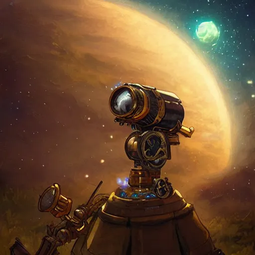 Image similar to steampunk telescope looking at the starry sky, hearthstone coloring style, by greg rutkowski, epic fantasy style art, fantasy epic digital art