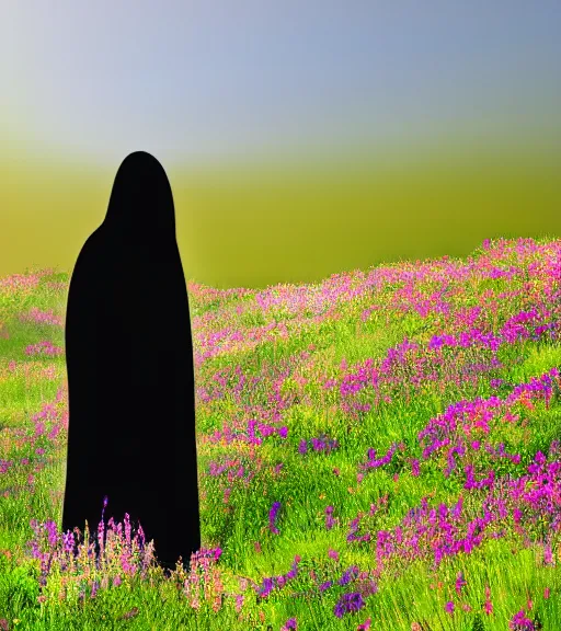 Image similar to tall hooded shadow person figure standing in beautiful meadow of flowers, disney animated, grainy, high detail, high resolution