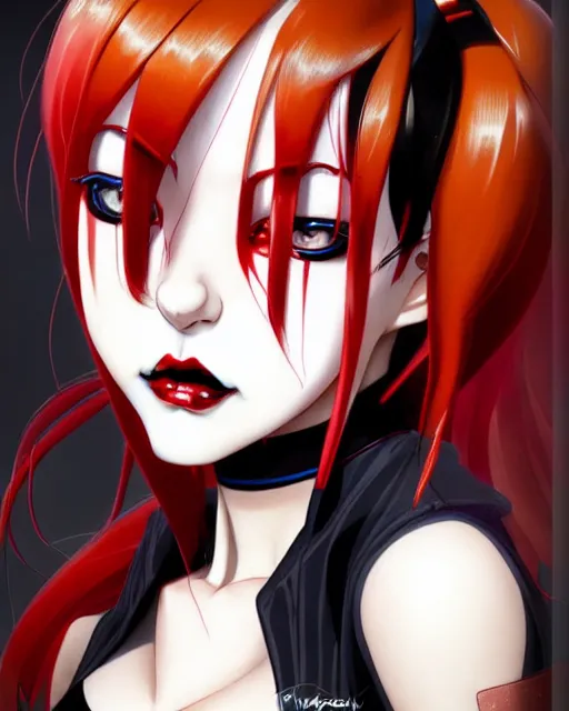 Image similar to portrait Anime as black-red harley-quinn girl cute-fine-face, brown-red-hair pretty face, realistic shaded Perfect face, fine details. Anime. harlequin suit realistic shaded lighting by Ilya Kuvshinov katsuhiro otomo ghost-in-the-shell, magali villeneuve, artgerm, rutkowski, WLOP Jeremy Lipkin and Giuseppe Dangelico Pino and Michael Garmash and Rob Rey