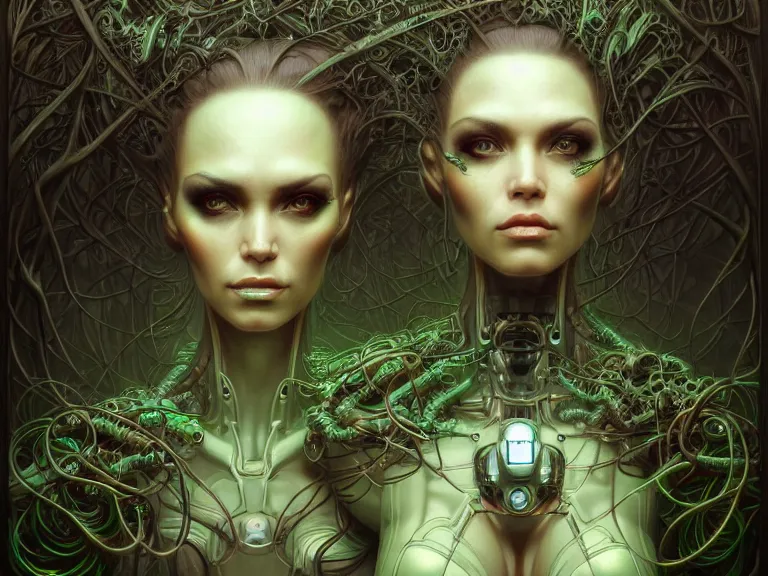 Prompt: portrait shot of a cyberpunk robot woman, in a forest, intricate, elegant, highly detailed, centered, digital painting, artstation, concept art, smooth, sharp focus, illustration, artgerm, tomasz alen kopera, peter mohrbacher, donato giancola, joseph christian leyendecker, wlop, boris vallejo