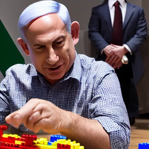 Prompt: benjamin netanyahu playing with legos