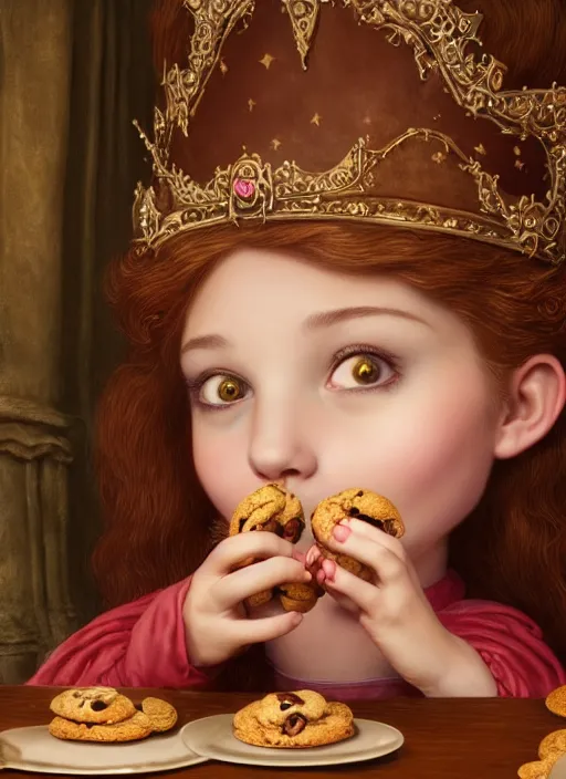 Image similar to highly detailed closeup portrait of a fairytale medieval princess eating chocolate cookies, unreal engine, nicoletta ceccoli, mark ryden, lostfish, earl norem, global illumination, god rays, detailed and intricate environment