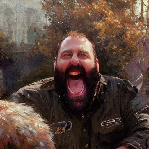 Image similar to comedian tom segura laughing at a car crash, highly detailed painting by gaston bussiere, craig mullins, j. c. leyendecker 8 k