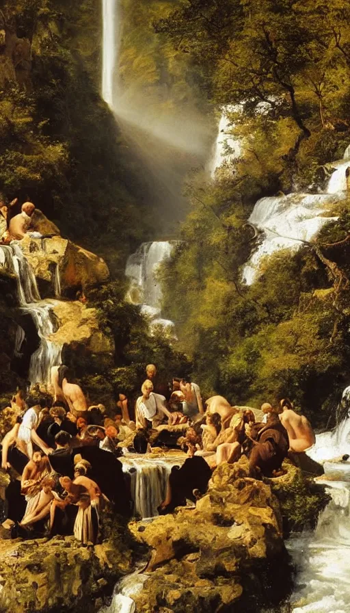 Image similar to still life painting of party on edge of waterfall, by Peder Krøyer, golden hour, dramatic lighting, epic, gargantuan, intricate detail, canvas print