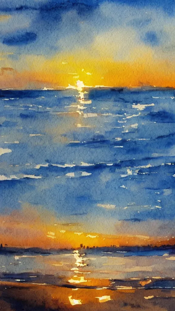 Prompt: A beautiful seascape at sunset, watercolor painting