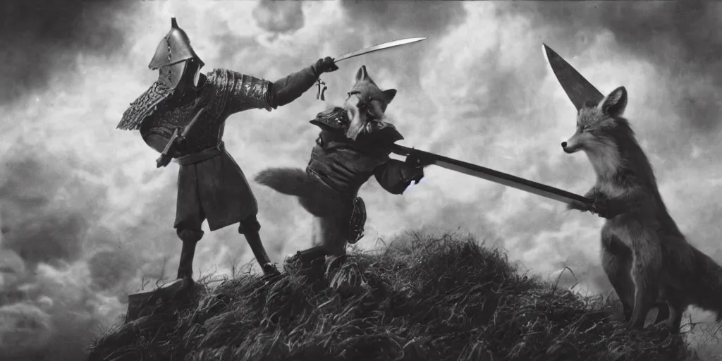 Image similar to anthropomorphic fox who is a medieval knight pointing a sword towards a stormy thundercloud 1 9 3 0 s film still, ladislas starevich puppet