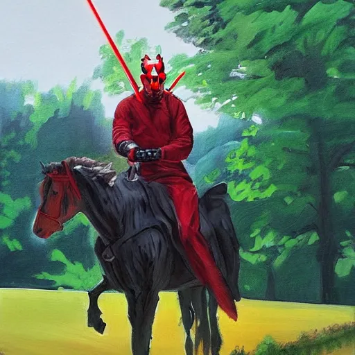 Image similar to darth maul riding his horse in his big iowa property, realistic painting