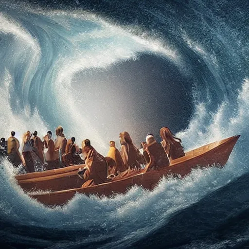 Prompt: the assemblage depicts a huge wave about to crash down on three small boats. the boats are filled with people, and they all look terrified. collage by jessica rossier churning