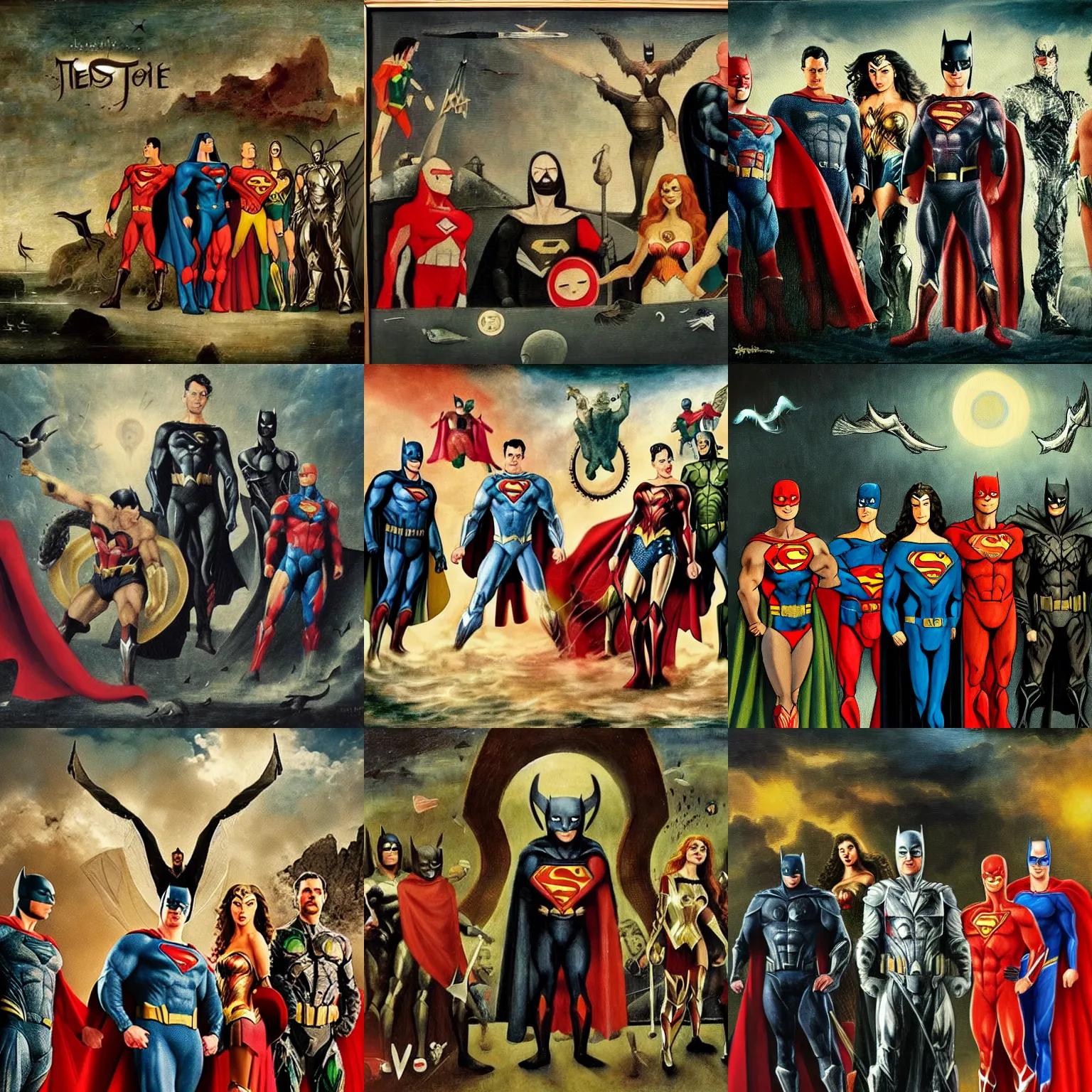 Prompt: justice league, oil painting by hieronymus bosch