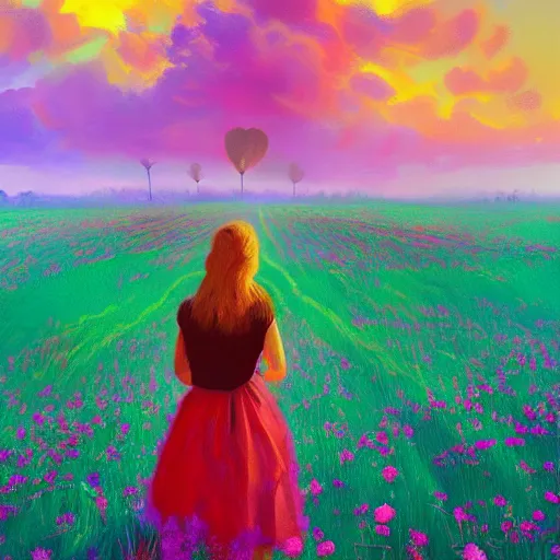 Prompt: large rose face, girl standing in a flower field, surreal photography, sunrise dramatic light, impressionist painting, colorful clouds, digital painting, artstation, simon stalenhag