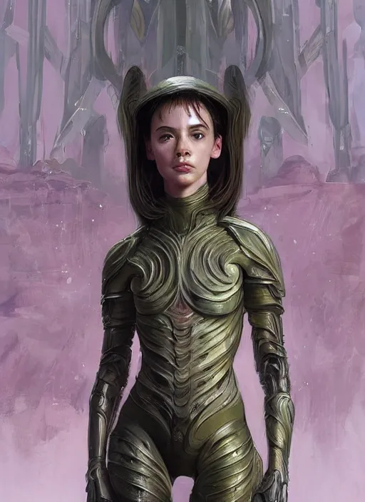 Image similar to a professional painting of a beautiful young female alien, clothed in ethereal armor, olive skin, long dark hair, beautiful bone structure, symmetrical facial features, intricate, elegant, digital painting, concept art, smooth, sharp focus, illustration, from Valerian and the City of a Thousand Planets, by Ruan Jia and Mandy Jurgens and Artgerm and William-Adolphe Bouguerea