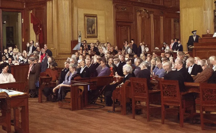 Image similar to photo of Queen Elizabeth in the court room being arrested, sitting at the table, highly detailed, high quality, HD, 4k, 8k, Canon 300mm, professional photographer, 40mp, lifelike, top-rated, award winning, realistic, sharp, no blur, edited, corrected, trending