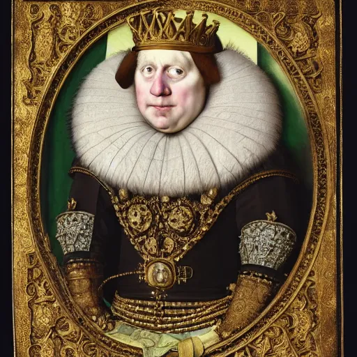 Image similar to a royal portrait of boris johnson as a king, painted by hans holbein, British Museum