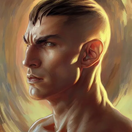 Prompt: character concept, portrait, symmetrical head - on centralized, young man with strong body. detailed, high quality, dynamic lightning, fantasy, scenematic. artwork by artgerm, wlop, alex ross, greg rutknowski, alphonse mucha