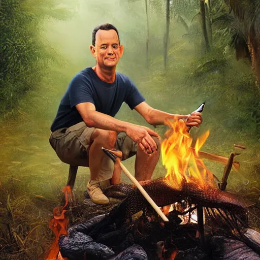 Prompt: tom hanks as forrest gump holding a giant shrimp skewer over a campfire in the jungle, realistic digital painting, in the style of Aleksi Briclot, photoreailstic, realistic face, amazing detail, sharp