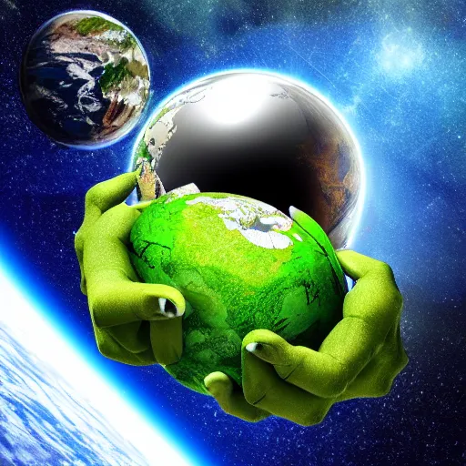 Image similar to Monster holding earth in space, view from above,