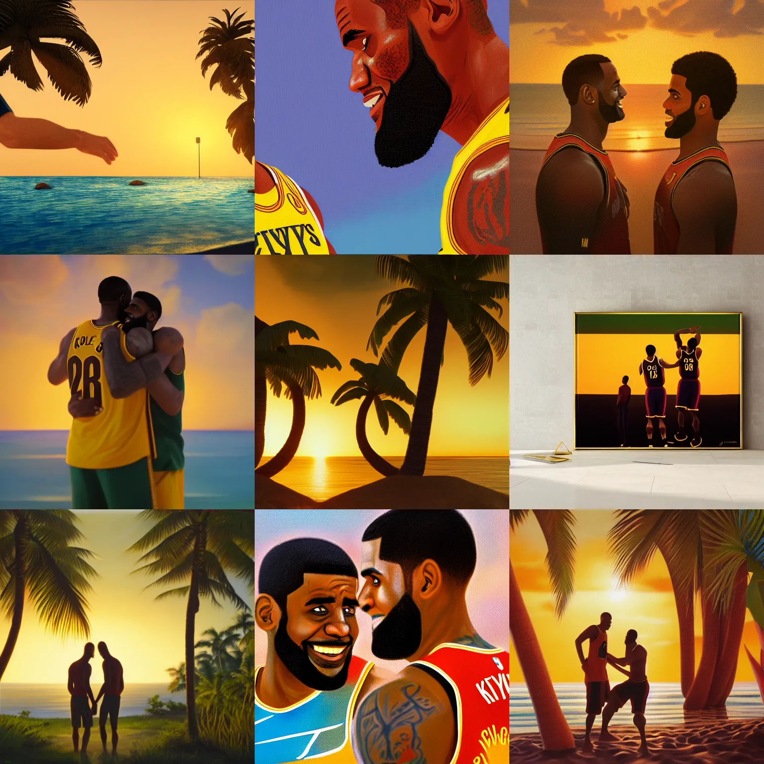 Prompt: lebron and kyrie hugging, tropical island, golden hour, oil on canvas, octane render