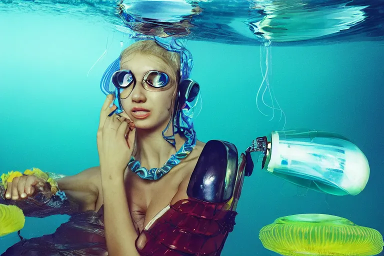 Image similar to closeup view of a Ukrainian lush female jellyfish human hybrid wearing vacuum tube amp roman armor and visor shades and tube amp necklace, inside of an underwater convenience store with floating candy, outline of large submarine underwater in the distance, ektachrome color photograph, volumetric lighting, off-camera flash, 24mm f8 aperture