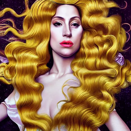 Prompt: photo realistic, hyper realism, lady gaga artpop act ii album, intricate detail, hyper detail, sandro botticelli style, with honey light brown rapunzel hair, detailed, masterpiece, sharp focus,