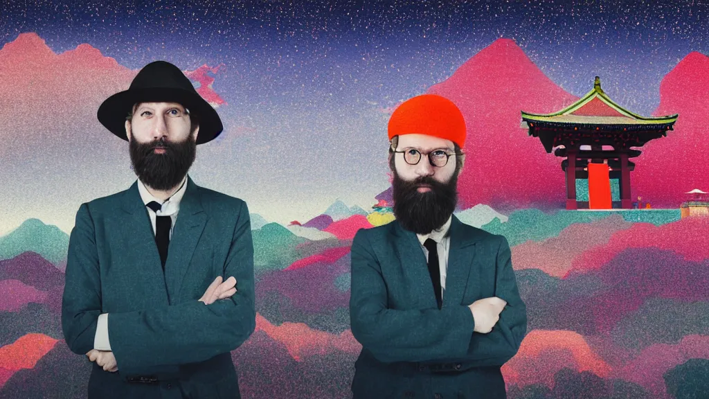 Image similar to portrait of a bearded german photographer at a vast temple under a vivid sky, aomori japan, a collage painting, in the style of wes anderson, lola dupre, david hockney, isolated on negative white space background dark monochrome neon spraypaint accents volumetric octane render