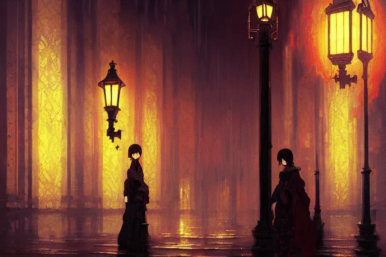 Prompt: baroque oil painting of anime key visual concept art of an ornate detailed oil lamppost at night, rusty black metal, flickering flame, reflective mapping, trending on artstation, palette knife and brush strokes, oil on canvas, style of makoto shinkai greg rutkowski studio ghibli genshin impact