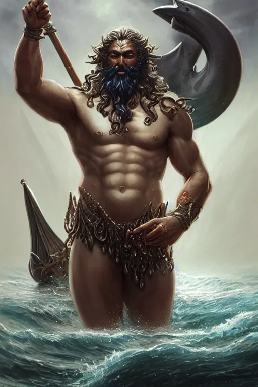 Image similar to poseidon humanoid god of the sea, trident, highly detailed, d & d, fantasy, highly detailed, digital painting, trending on artstation, concept art, sharp focus, illustration, art by artgerm and greg rutkowski and magali villeneuve