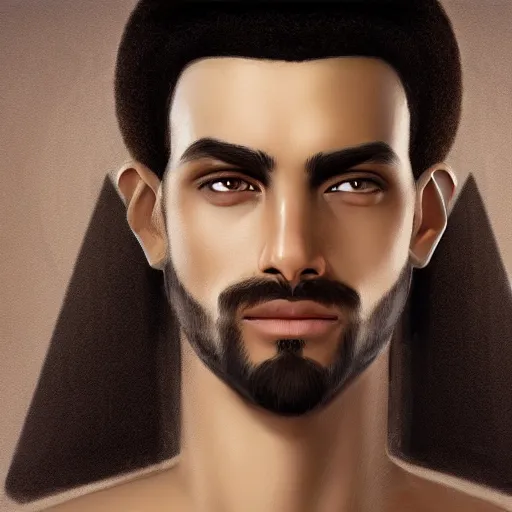 Prompt: detailed portrait of aloof handsome ancient egyptian prince, 4 k, cgsociety, beautiful gazing eyes, symmetrical face