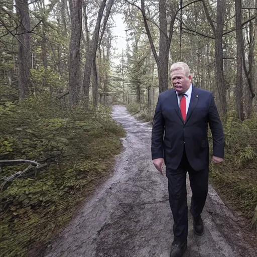 Prompt: game camera footage of Doug Ford premier of Ontario wadering through the woods at night
