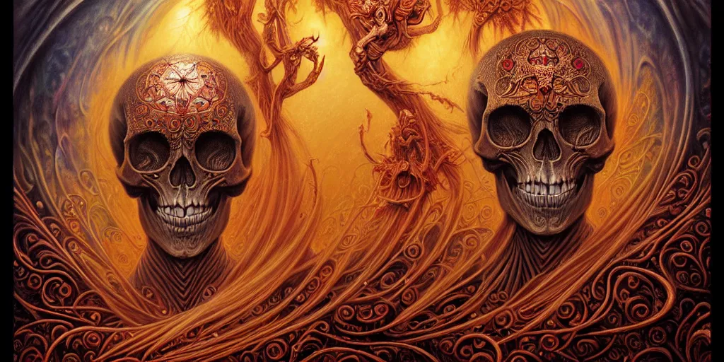 Image similar to A beautiful detailed orixa, tarot card, by tomasz alen kopera and Justin Gerard, symmetrical features, ominous, magical realism, texture, intricate, ornate, royally decorated, skull, skeleton, whirling smoke, embers, red adornements, red torn fabric, radiant colors, fantasy, trending on artstation, volumetric lighting, micro details, 3d sculpture, ray tracing, 8k, anaglyph effect