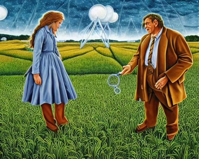 Image similar to in a field, two scientists in lab coats encounter a monster shaped like the DNA double helix, stormy weather, by Rob Gonsalves