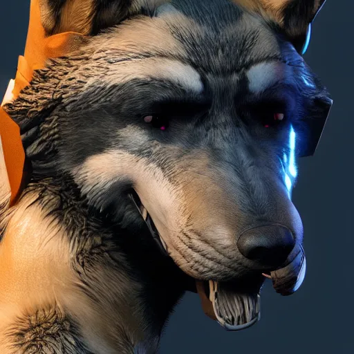 Image similar to 3d render of detective canis lupus wolf muzzle wearing a leather jacket in cyberpunk 2077