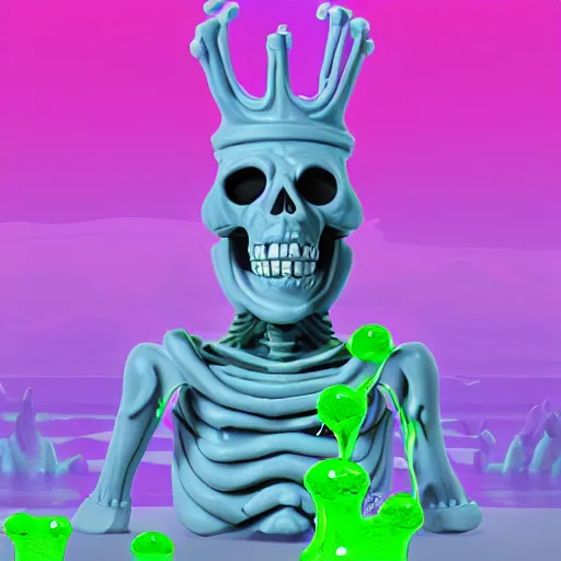 Image similar to slime lord king of the slime universe, skeleton, full body included, wide shot, 1 4 mm lens, f 2. 8, goopy, goop, fluids, soft tissue, subsurface scattering, reflections, ambient occlusion, raytracing, unreal engine 5, pixel art 8 - bit, by beeple