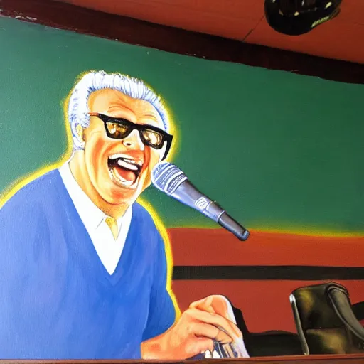 Prompt: painting of harry caray singing in press box
