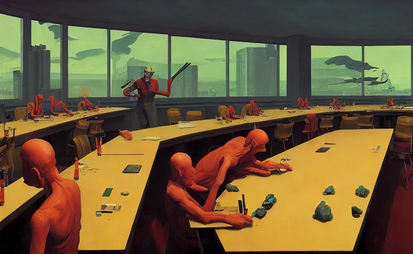 Prompt: Inside a Nuclear war room, very coherent, painted by Edward Hopper, Wayne Barlowe, painted by James Gilleard, airbrush, art by James Jean and Geof Darrow