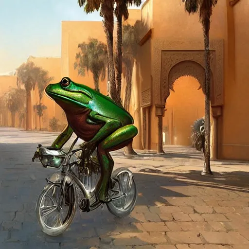 Prompt: frog travels through marrakech streets, palm trees, highly detailed, digital painting, artstation, concept art, smooth, sharp focus, illustration, art by artgerm and greg rutkowski and alphonse mucha