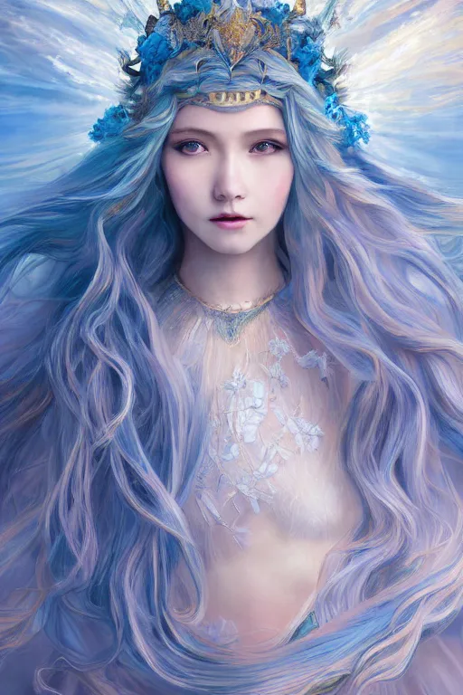 Image similar to breathtaking detailed soft painting of a knight queen with long flowing blue hair, pastel flower petals flying, art by pilyeon, yuumei art, symmetrical facial features, at dawn in front of a pristine golden art nouveau cathedral, elegant, volumetric lighting, highly detailed, artstation, concept art, matte, sharp focus,