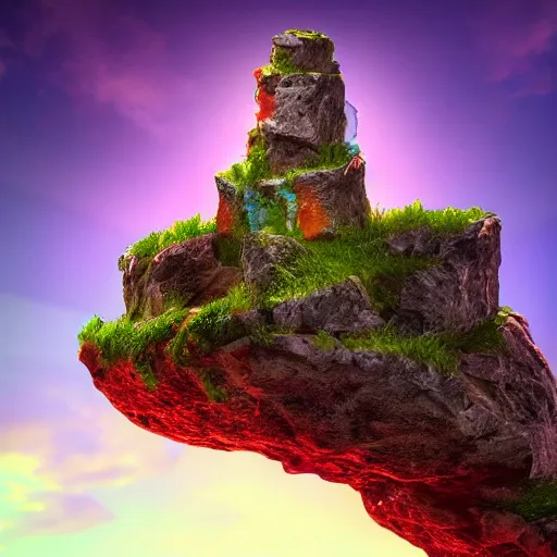 Image similar to a closeup photorealistic photograph of a rock tower with some leaves, fantastic four theme. icy colorful drink. bright scene. fine detail. this 4 k hd image is trending on artstation, featured on behance, well - rendered, extra crisp, features intricate detail, epic composition and the style of unreal engine.