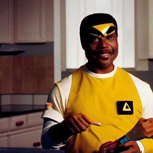 Image similar to Geordi LaForge wearing visor and a colander and random kitchen tools on his head