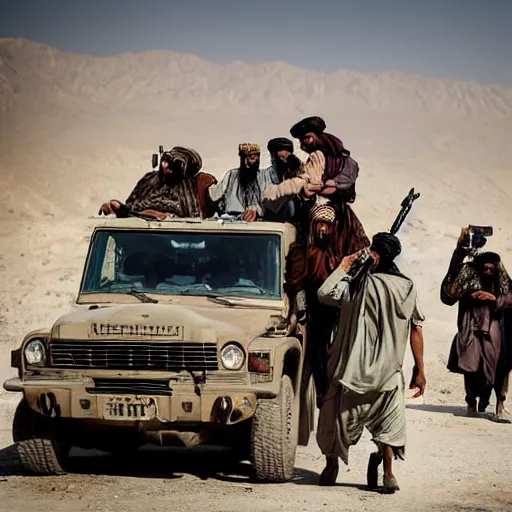 Image similar to the taliban riding on top of tow mater with mounted machineguns, photojournalism photography