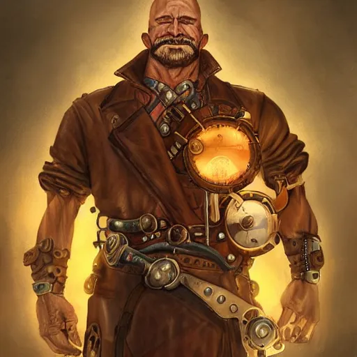 Image similar to portrait of a muscular, bald orc mechanic, wearing a heavy brown leather coat, wrench on hand, steampunk setting, gears, airship on the background, dramatic lighting, high detail, digital art by Rossdraws