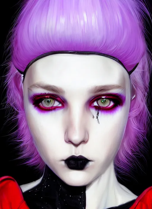 Image similar to portrait of white teenage girl, normal face, white bangs, mall goth, cyberlox, black and white hair, bangs, fluffy bangs, red contact lenses, purple lipstick, intricate, elegant, highly detailed, digital painting, artstation, concept art, sharp focus, smooth, illustration, art by wlop, mars ravelo and greg rutkowski