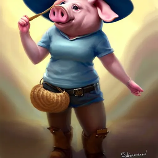 Image similar to cute little anthropomorphic funny female pig wearing shorts, a hat, boots and a pale blue shirt!! tiny!! fully clothed!!! small, short, cute and adorable, character art portrait, matte fantasy painting, deviantart artstation, by jason felix by steve argyle by tyler jacobson by peter mohrbacher, cinema